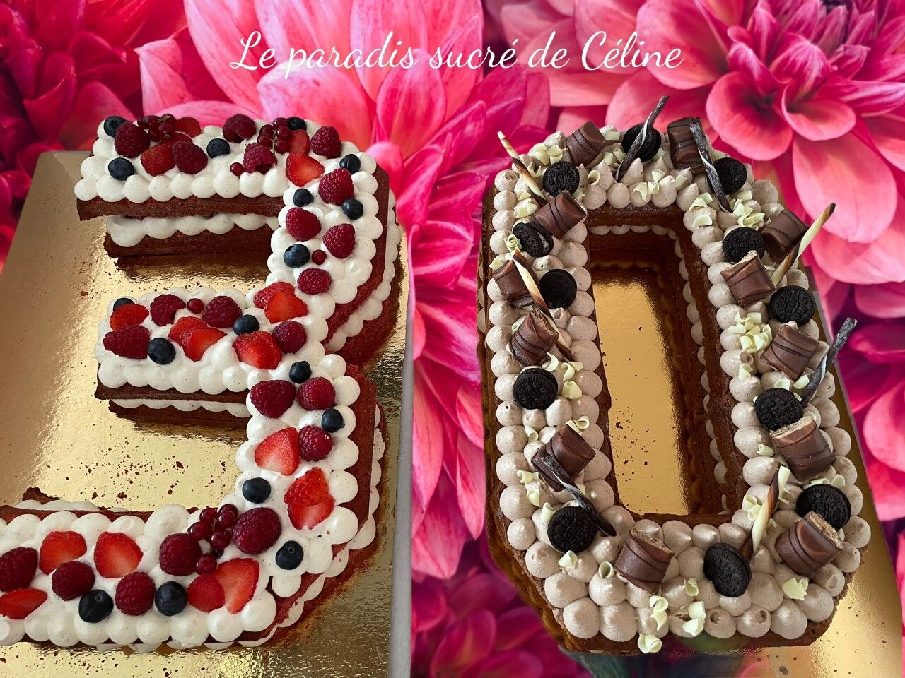 Number cake avec un gâteau de red velvet ganache montée vanille fruits rouges et le second gâteau chocolat ganache kinder Bueno