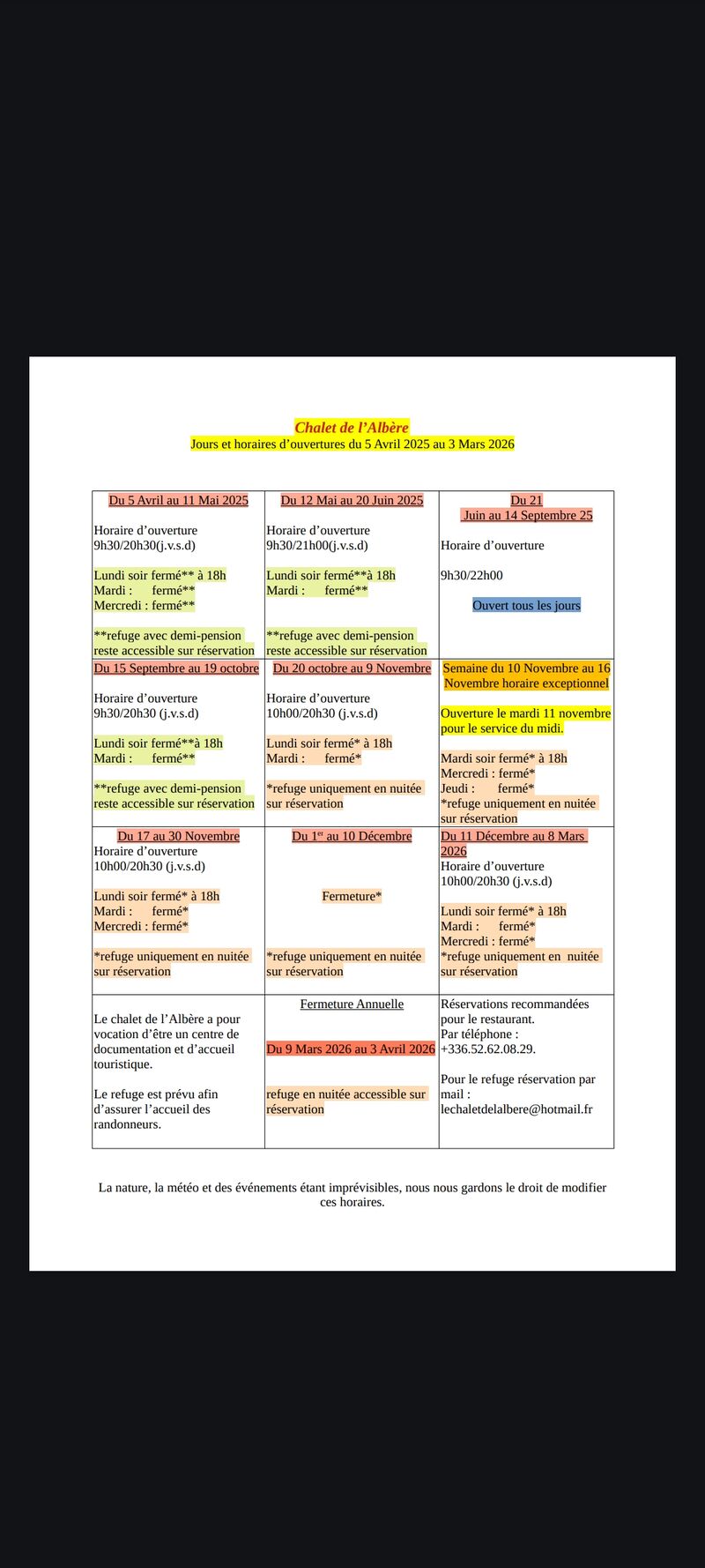 Nos horaires annuels