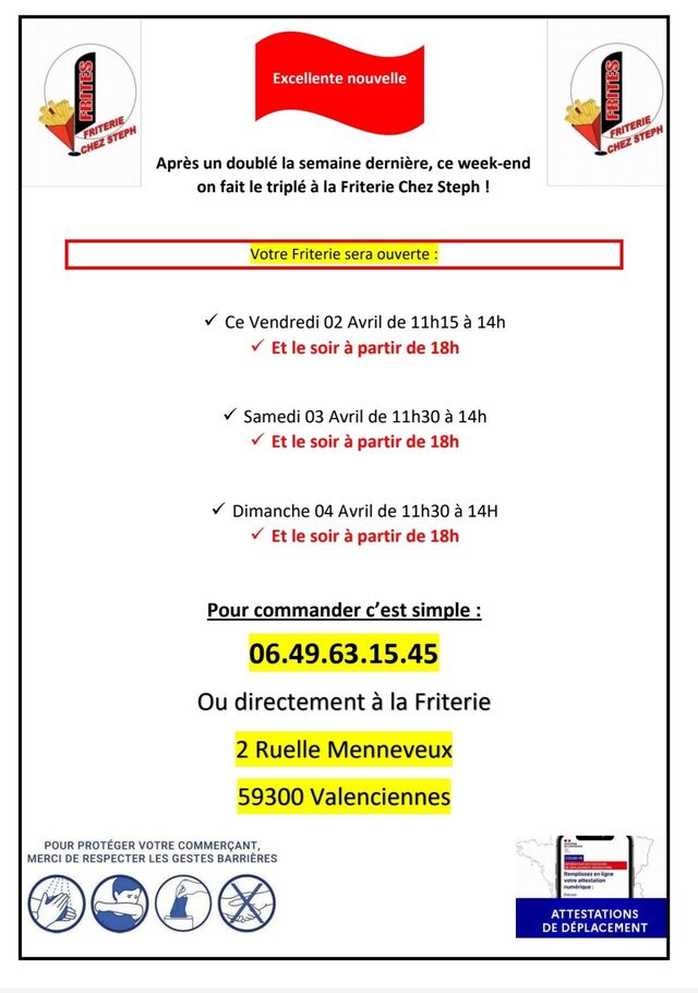 La Friterie Chez Steph sera ouverte ce Vendredi, Samedi et Dimanche le midi et le soir ! 