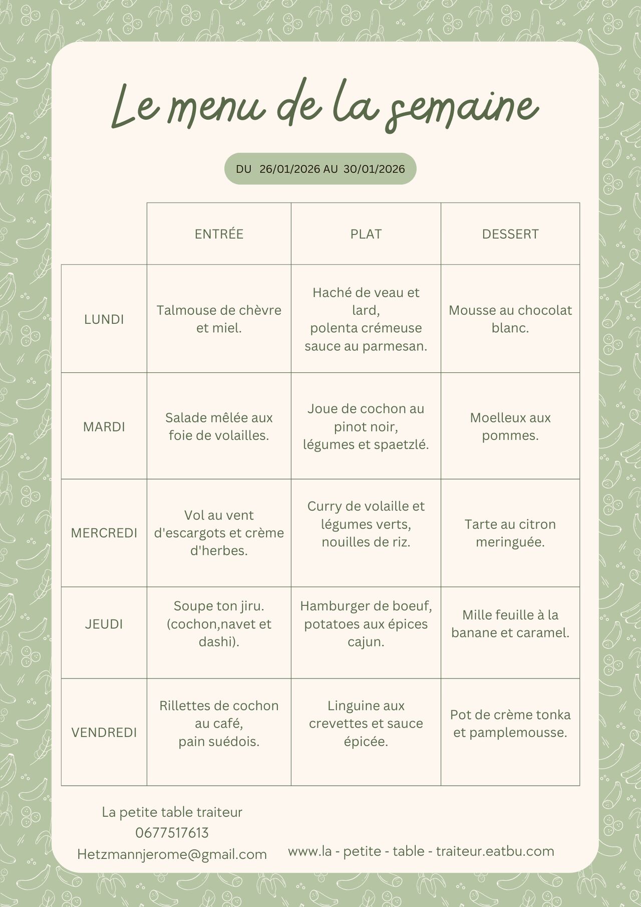 Menu du jour du 26 au 30 janvier 2026