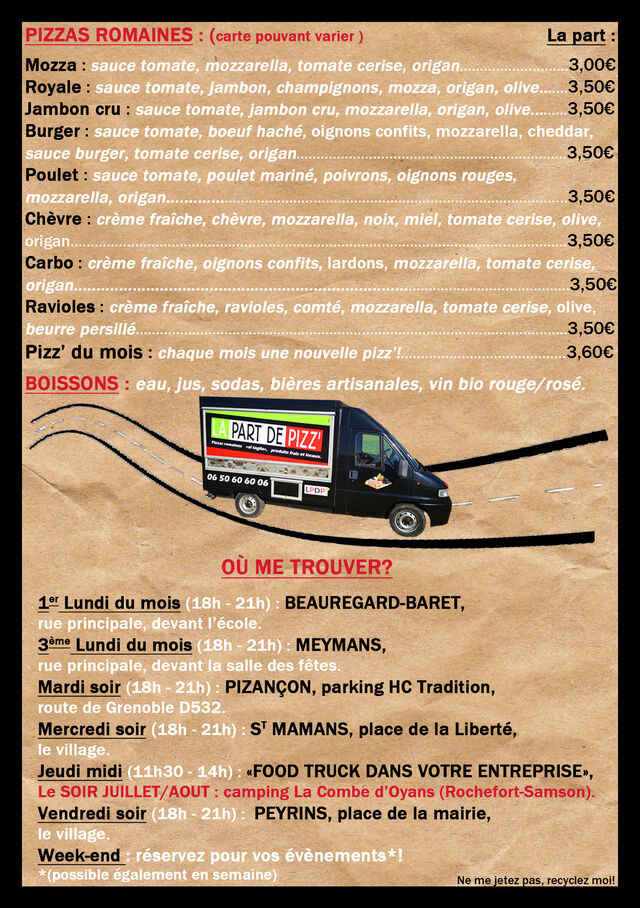 Carte des pizzas et emplacements