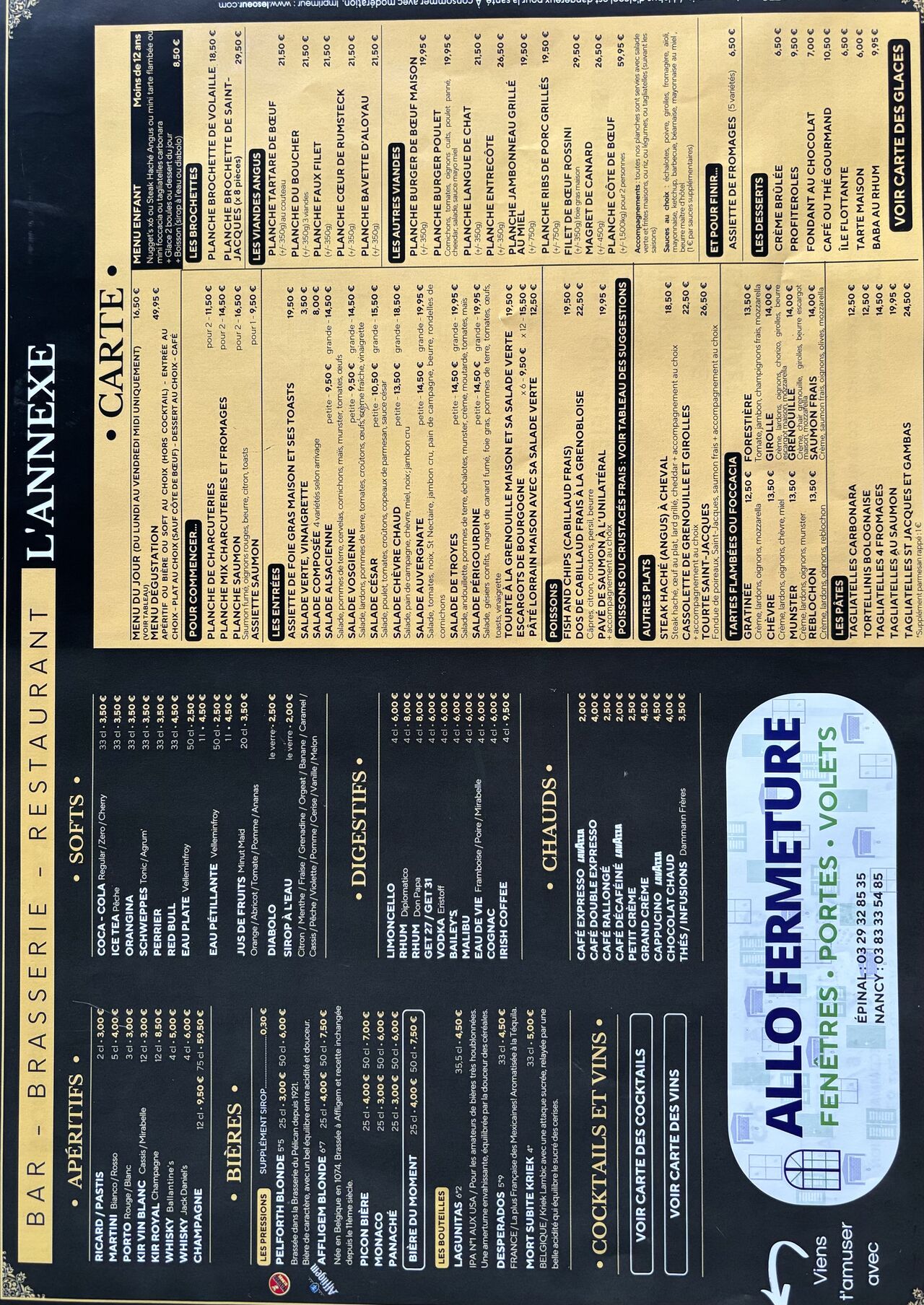 carte du restaurant 2024/2025