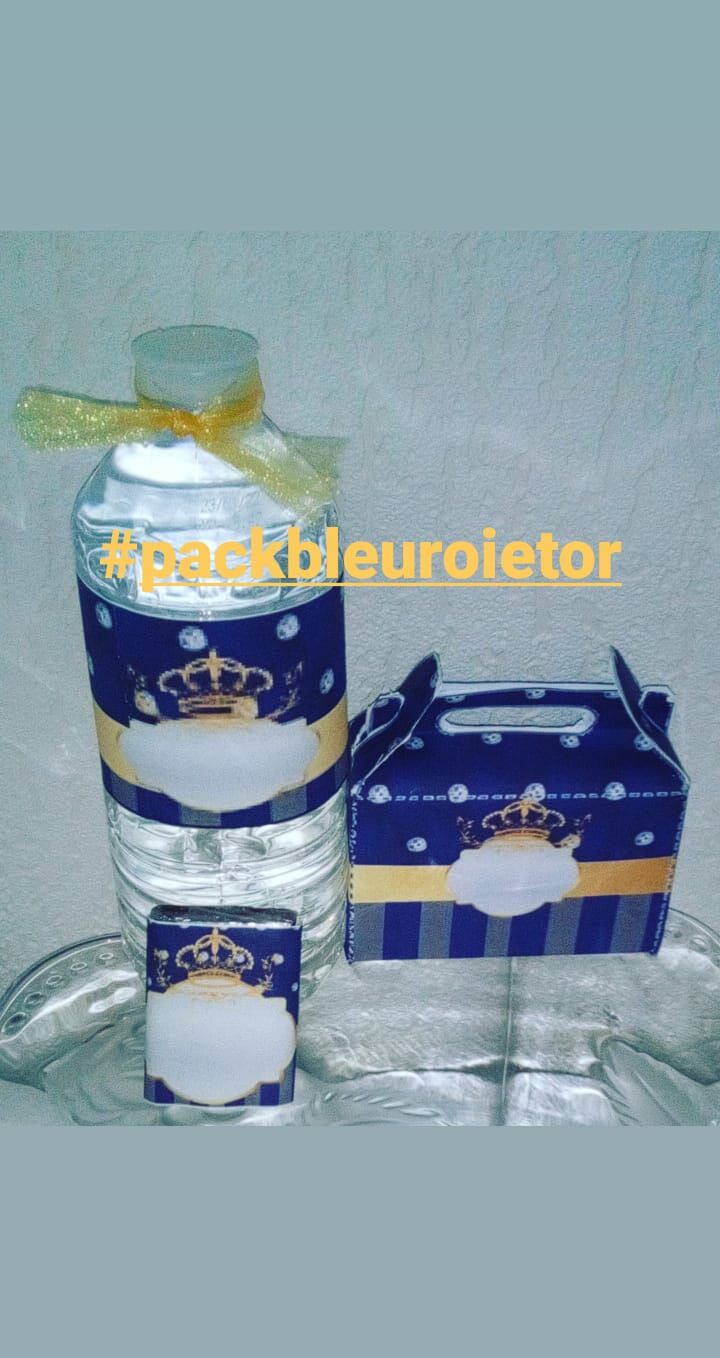 Kit royal bleu roi et or pour toute occasion, composé d'une bouteille d'eau+une boîte à bonbons et des chocolats.