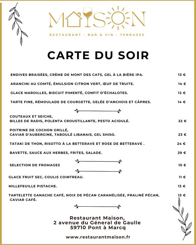 carte du soir à partir du 24 mars