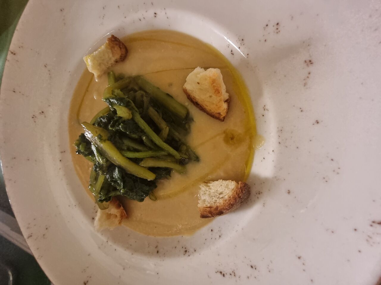 Favetta e cicoria con tocchetti di crostoni di pane 