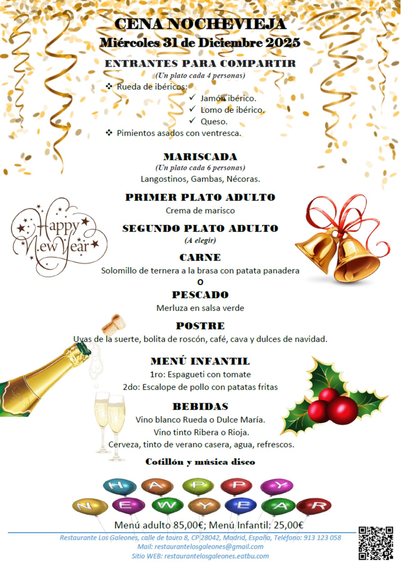 Menú cena Nochevieja Miércoles 31 de Diciembre 2025