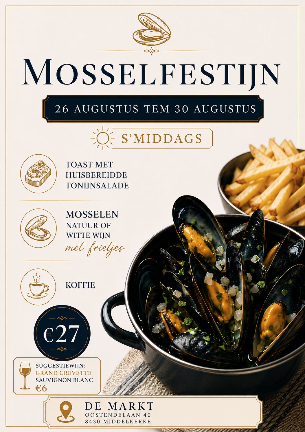 Mosselen!!! Van woensdag 26 aug tem zondag 30 aug