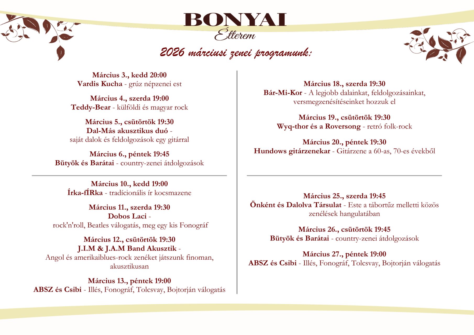 Márciusi zenei programunk: