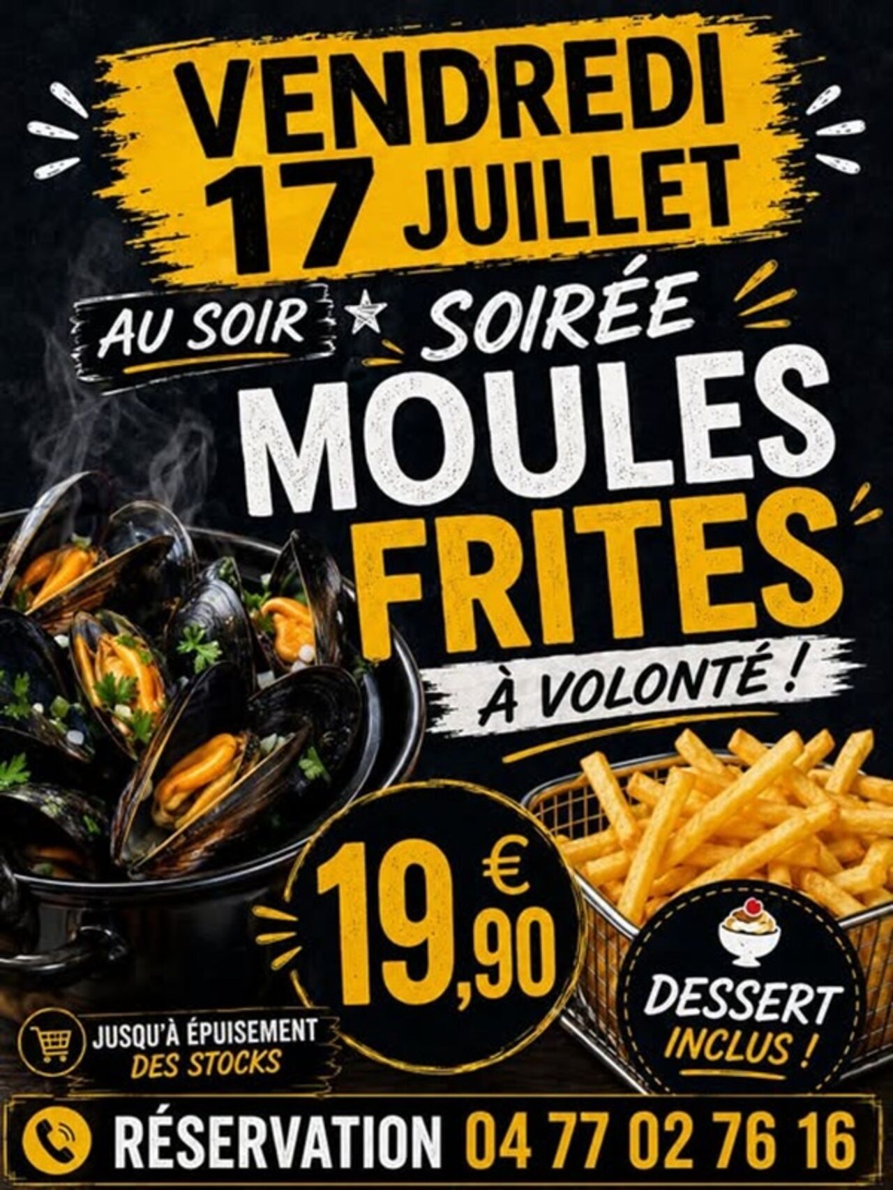 🦪 Soirée Moules‑Frites à volonté – Vendredi 17 juillet !