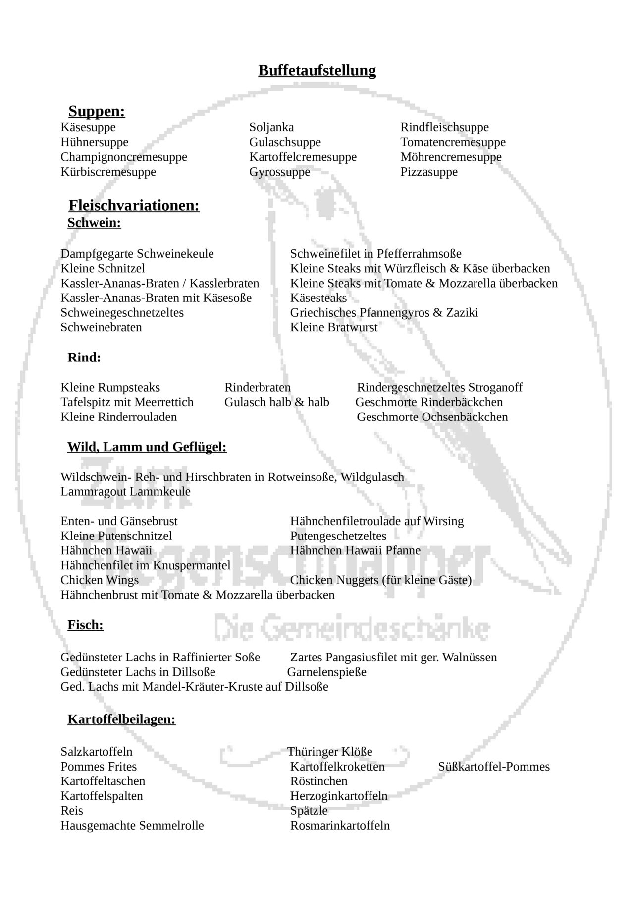 Buffetaufstellung Teil 1:
Diese Speisekarte ist nur für Familienfeiern gedacht oder nach Absprache mindestens 1 Woche vorher