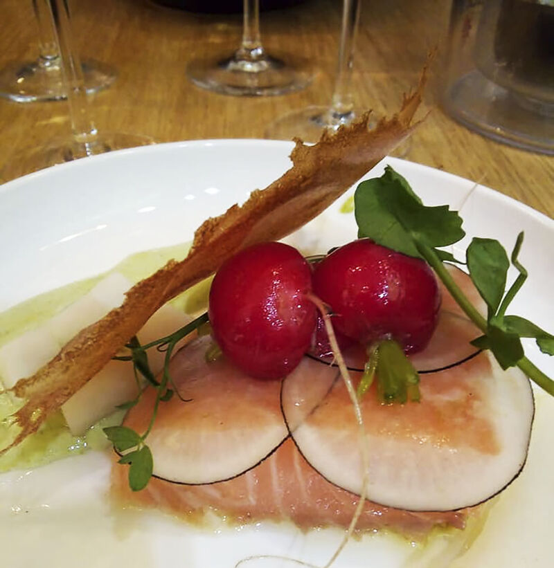 Saumon confit/jus de petits pois/textures de radis/tuile d’oignon