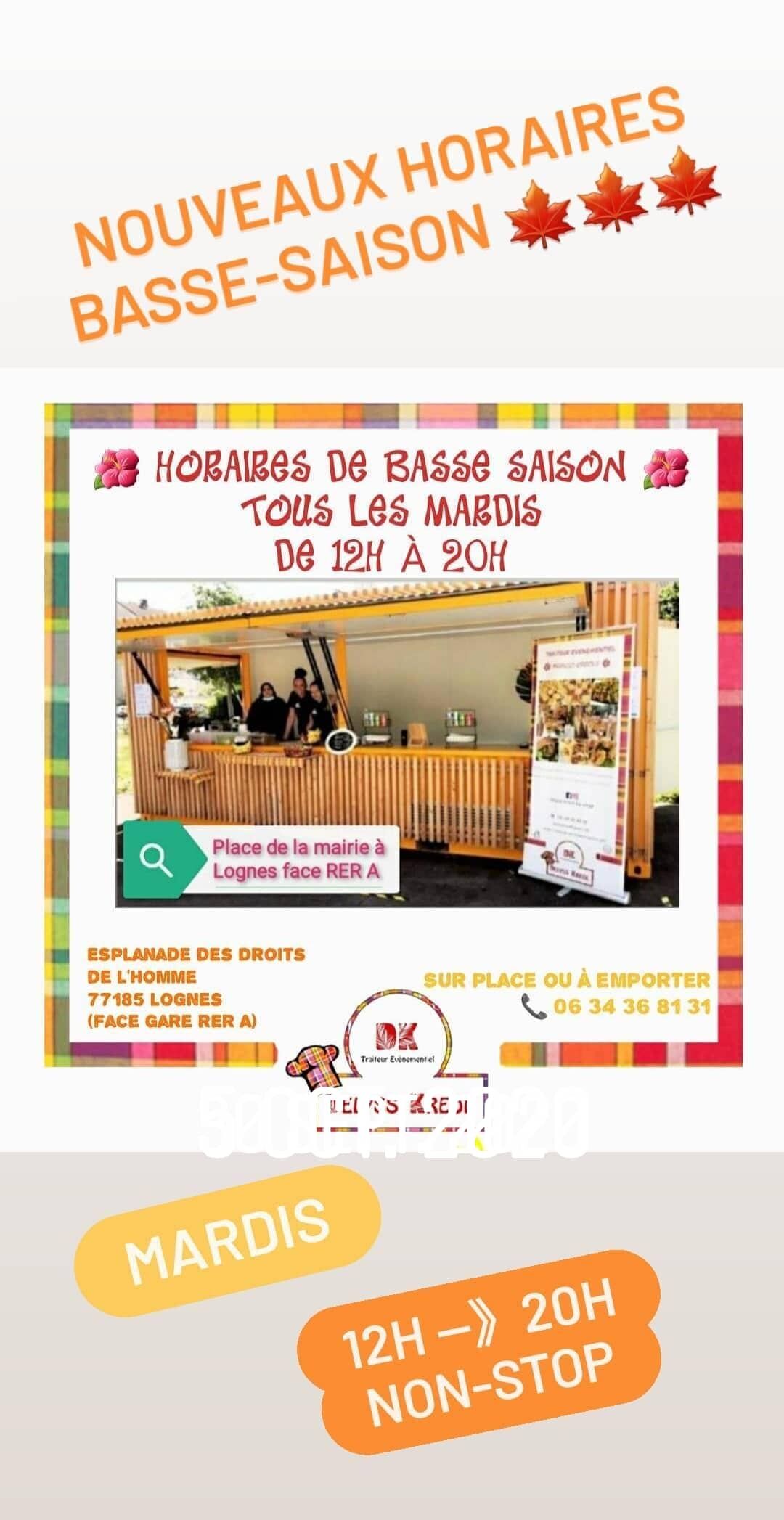 HORAIRES D'HIVER
KIOSQUE DK?
Tous les MARDIS ?
12h-->20h non stop
Espanade des Droits de l'Homme
77185 LOGNES