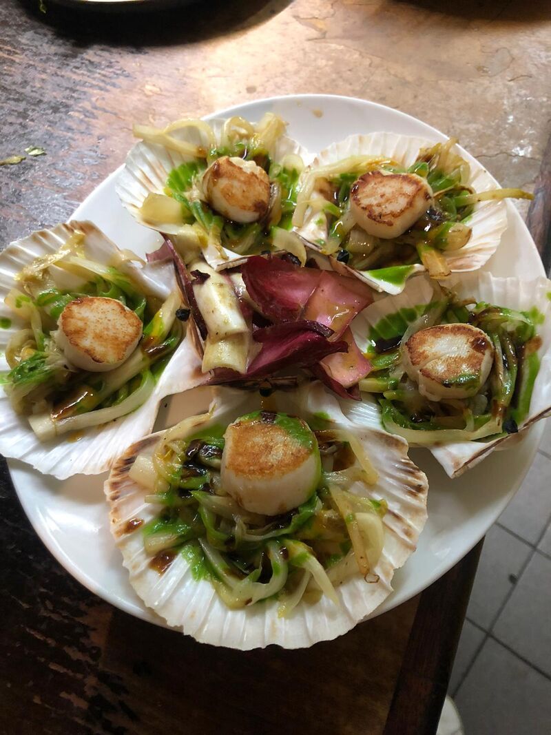 Coquille saint jaques, étuvé d'endive et huile d'estragon