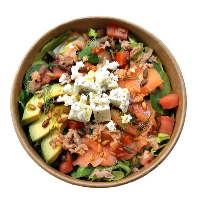 Salade de la mer
pousses 'épinard, tomate, féta de brebis, avocat, saumon fumé, thon
