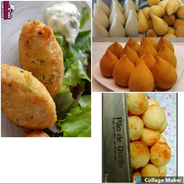 coxinhas au poulet ou boeuf petit 0.60€ ou mourue,crevettes petit 0.65€accras de mourue 60 gram 1.00€pain au fromaige 0.50€