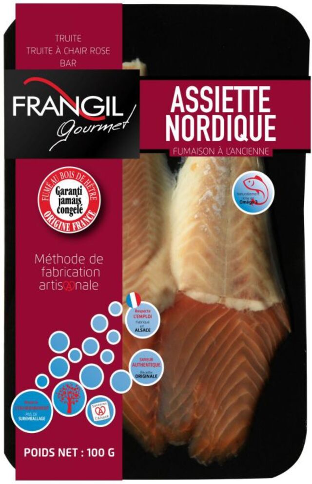 Assiette nordique fumée à l'ancienne.
Composition : truite blanche, bar et truite saumonée - 100gr - 5,64€
