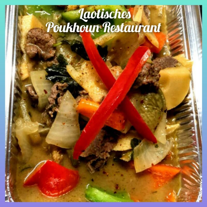 Auch zum Mitnehmen: Morlakod - Paprika, Bambus, Zwiebeln, Lao Aubergine und Lao Basilikum in grünem Curry (scharf) hier: Rind