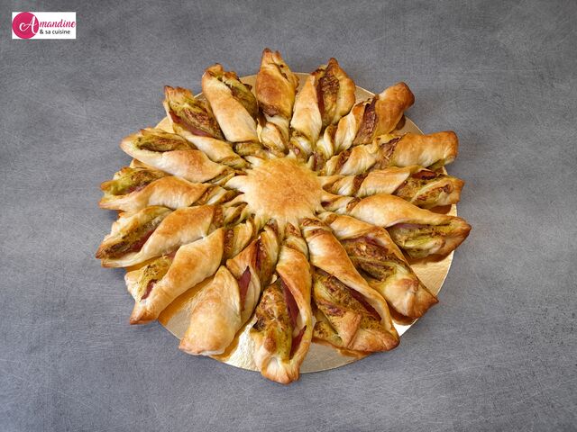 Tarte soleil au pesto verde, emmental, jambon