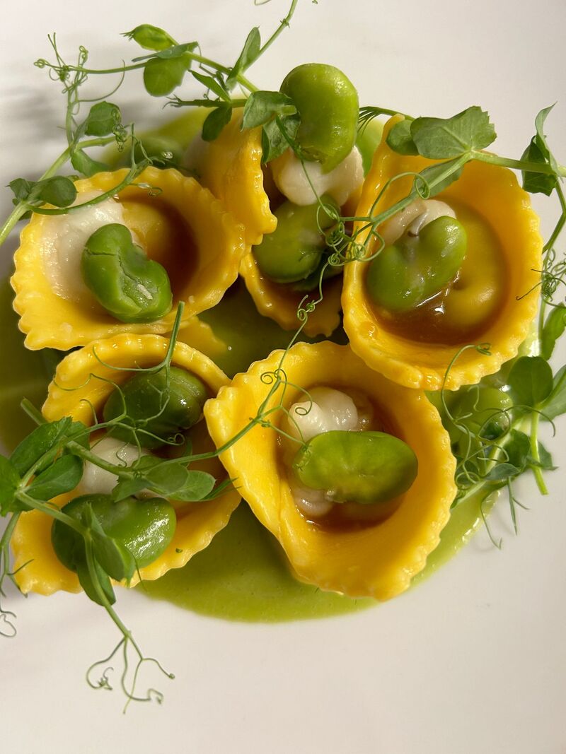 Raviolo ripieno di agnello al limone bruciato, crema di fave e gel di pecorino | Osteria Micheletti Pisa