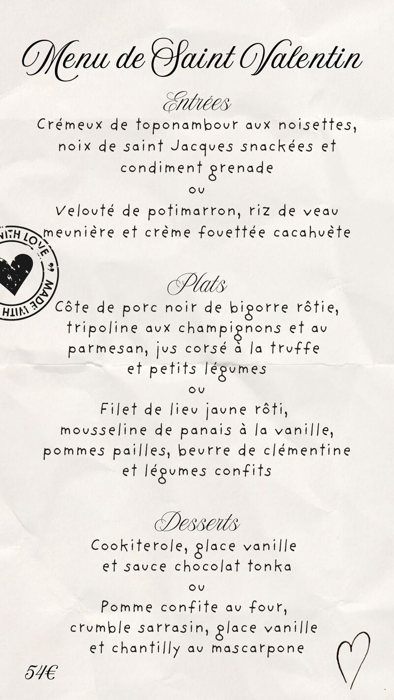 Menu spécial saint Valentin
