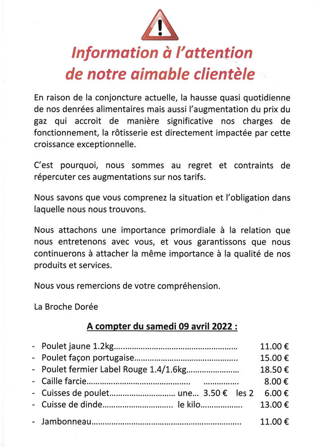 hausse tarif 2022 en raison de la conjoncture