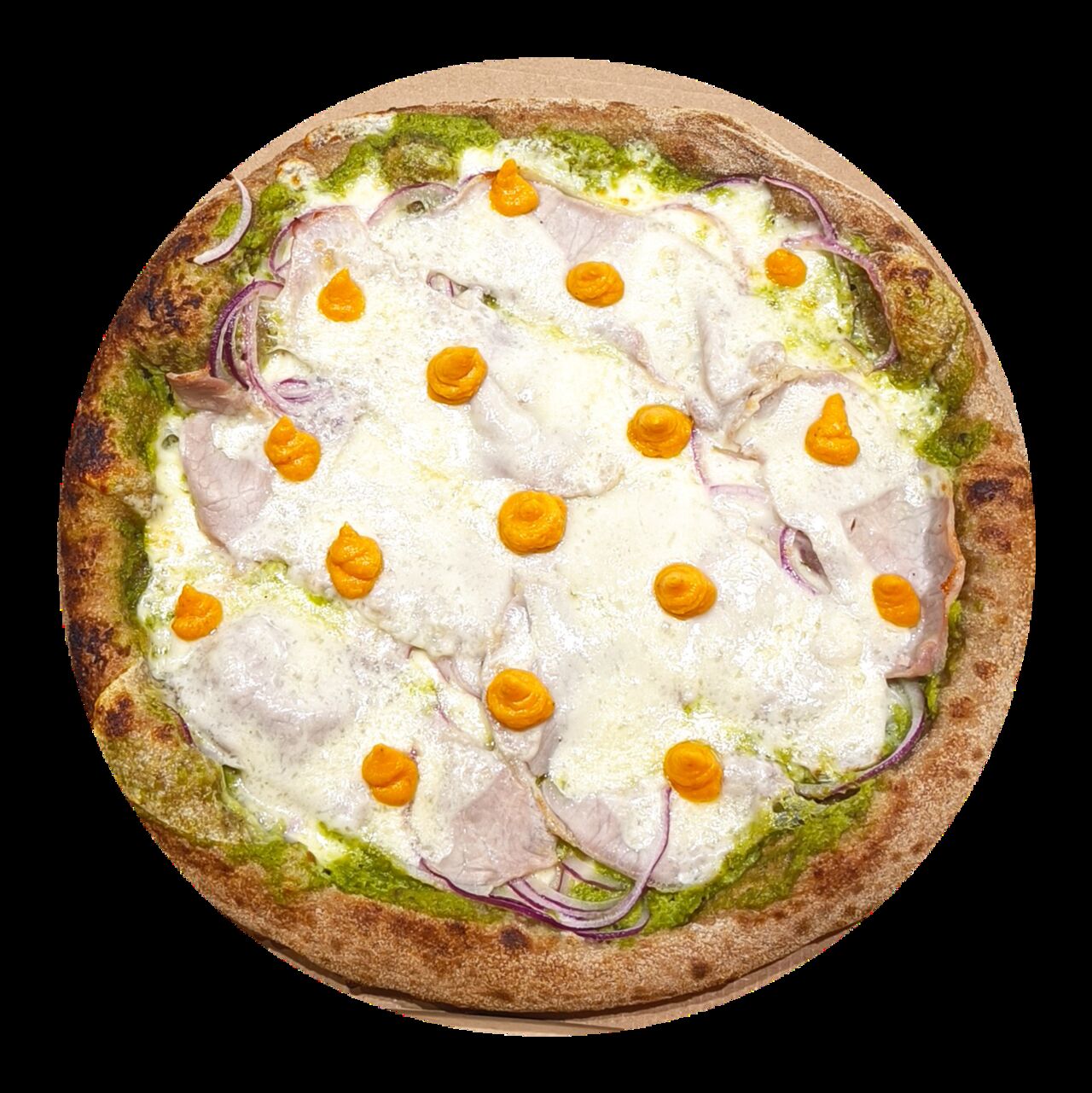 Juillet La Maiale e Pisello - base crème de petits pois, Bacon fumé et purée de carottes