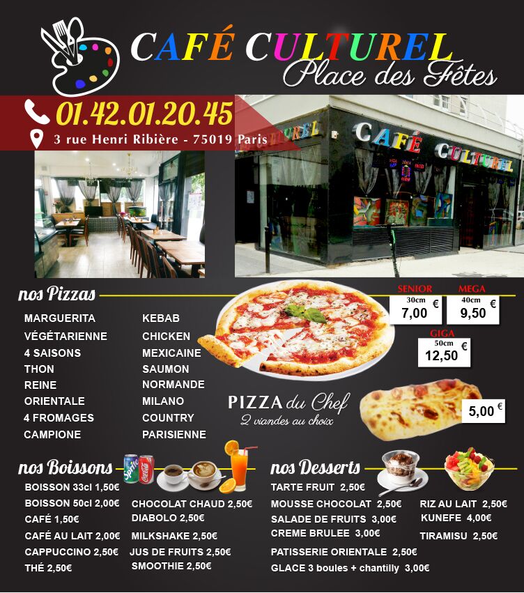 Restaurant Café Culturel Place des Fêtes - Nos Pizzas - Nos Boissons - Nos Desserts