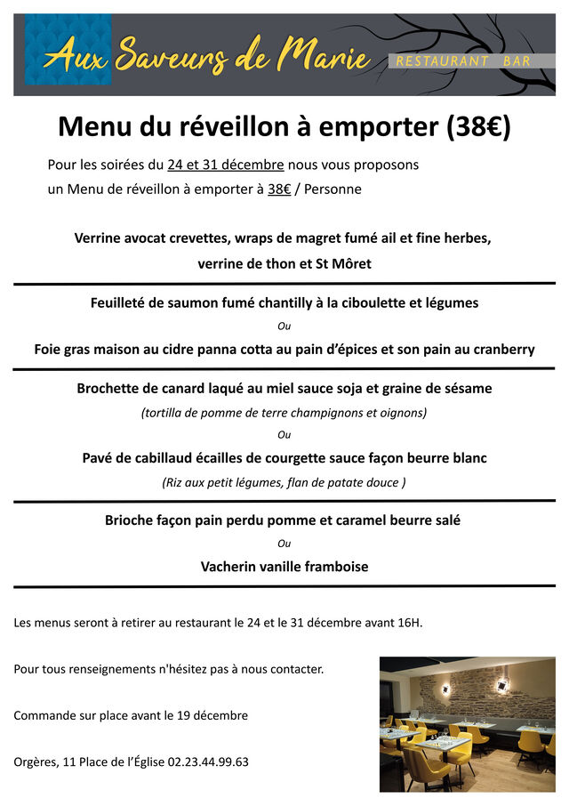 Menu réveillon Noel et Nouvel an à emporter