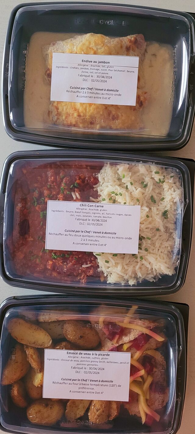 Endives au jambon, chili con carne et émincé de veau à la picarde