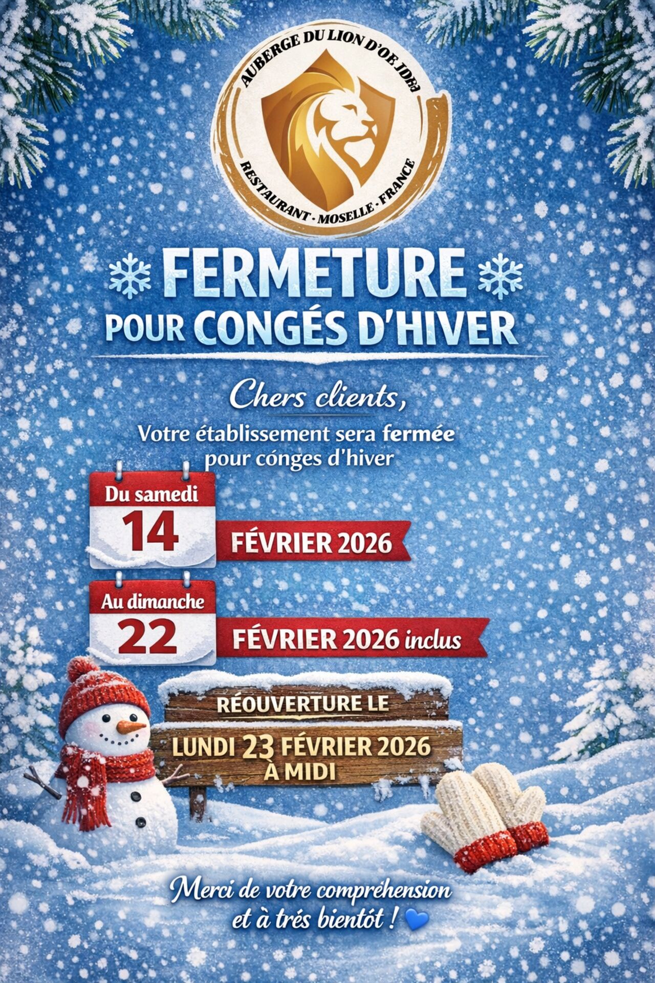 FERMETURE POUR CONGES D'HIVER