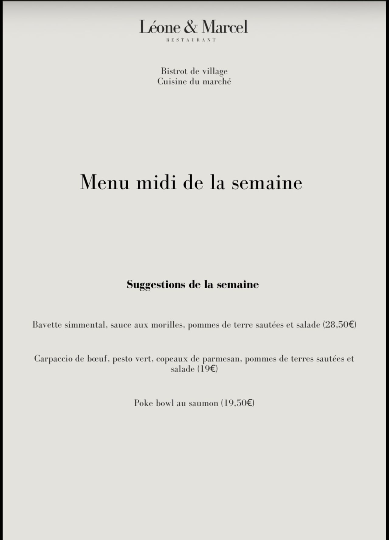 SUGGESTIONS DU LUNDI 28 SEPTEMBRE AU VENDREDI 02 OCTOBRE MIDI