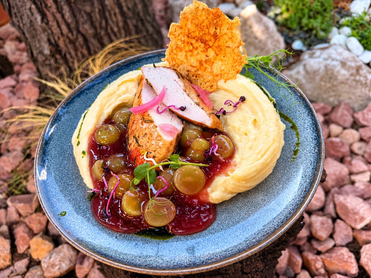 CSIRKEMELL STEAK VÖRÖSBOROS SZŐLŐRAGUVAL,KRÉMES BURGONYAPÜRÉVEL ÉS PARMEZÁN CHIPSSZEL