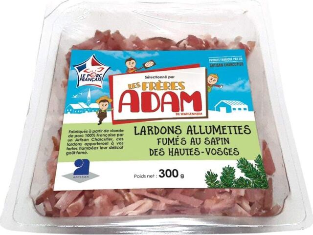 Lardons frais allumettes fumés au bois de sapin Ferme Adam- 300gr - 4,20€ au kilo 11,90€