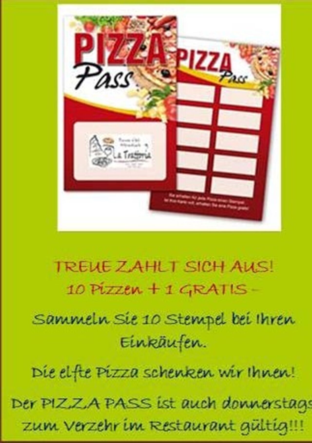 Take away (zum Mitnehmen, und auch donnerstags gilt das Angebot für den Verzehr im Restaurant!!!)