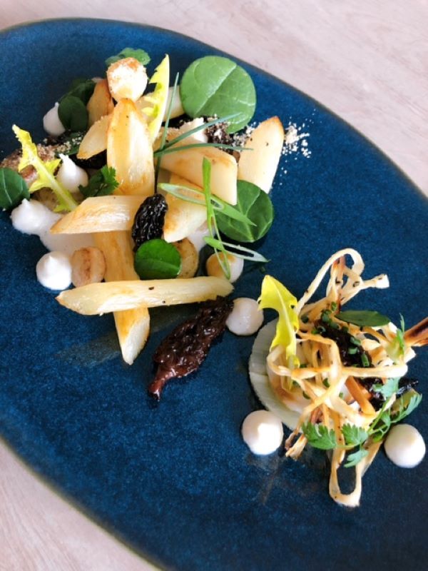 Salsifis sautés aux poires, morilles confites, parmesan végétal, sauce amandes et cognac.