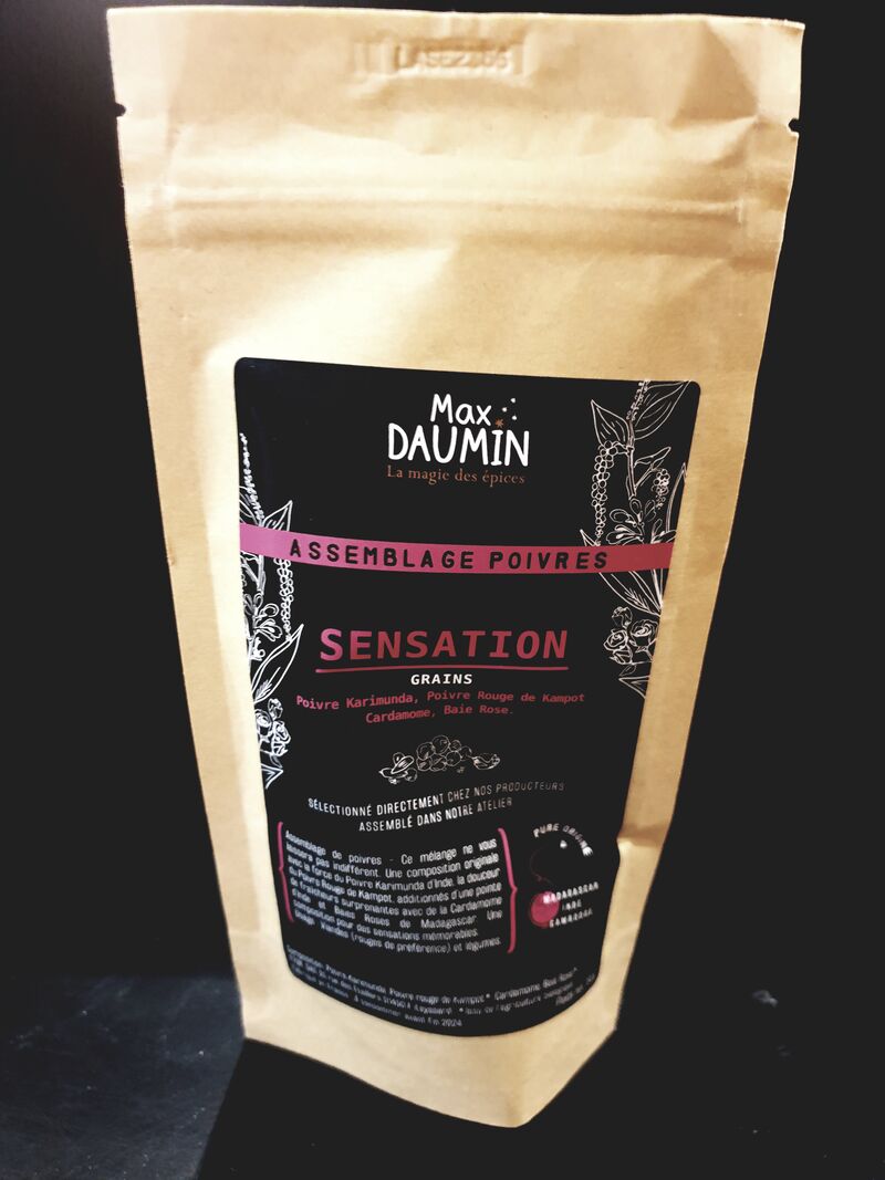 Le poivre SENSATION est un mélange de 3 poivres.
Parfait pour les viandes rouges, et les légumes 