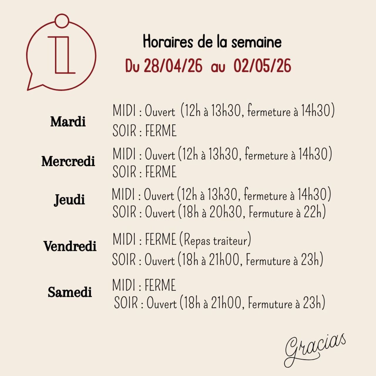 HORAIRES RESTAURANT