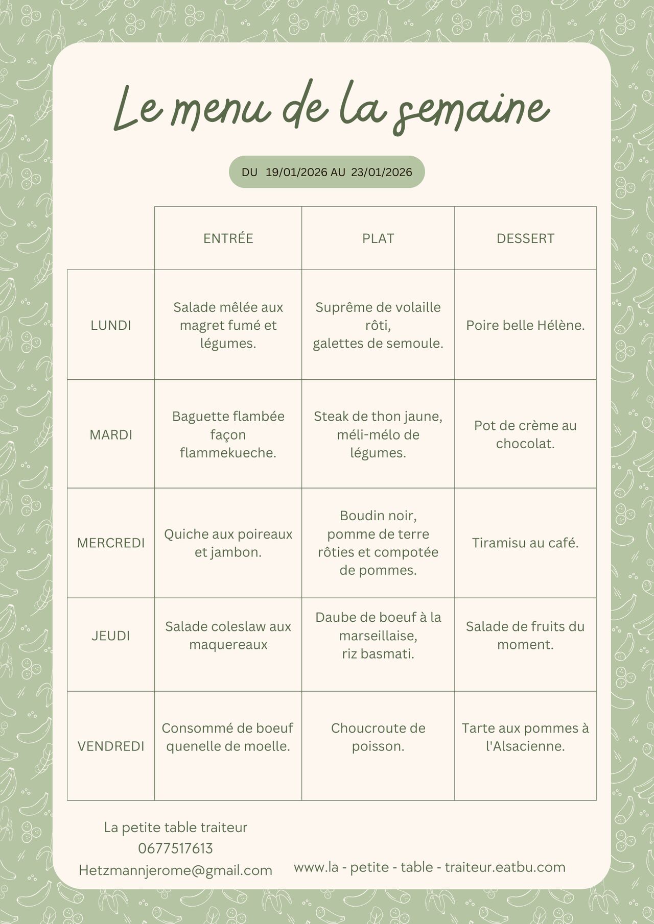 Menu du jour du 19 au 23 janvier 2026