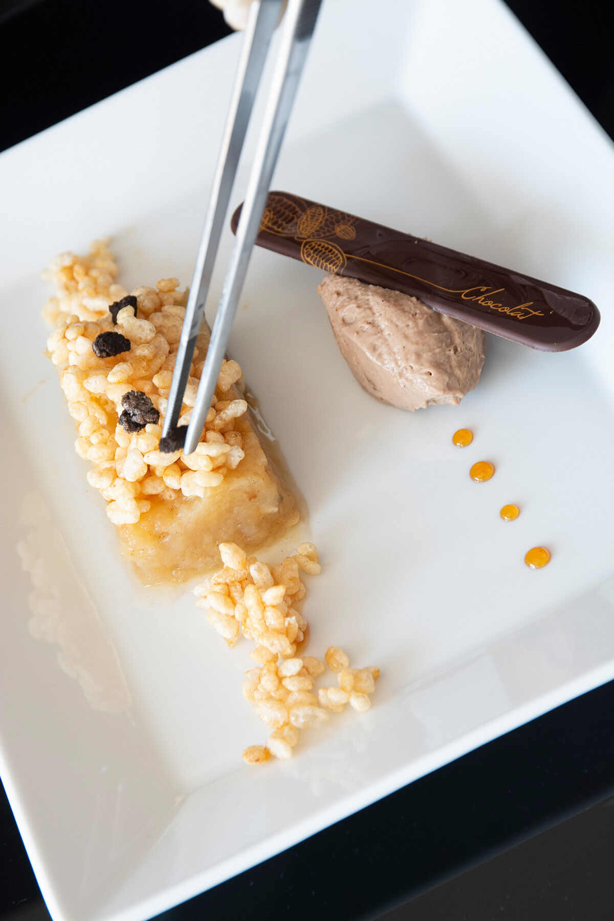 Marmelade de pomme caramélisée, riz soufflé, ganache crémeuse au chocolat noir