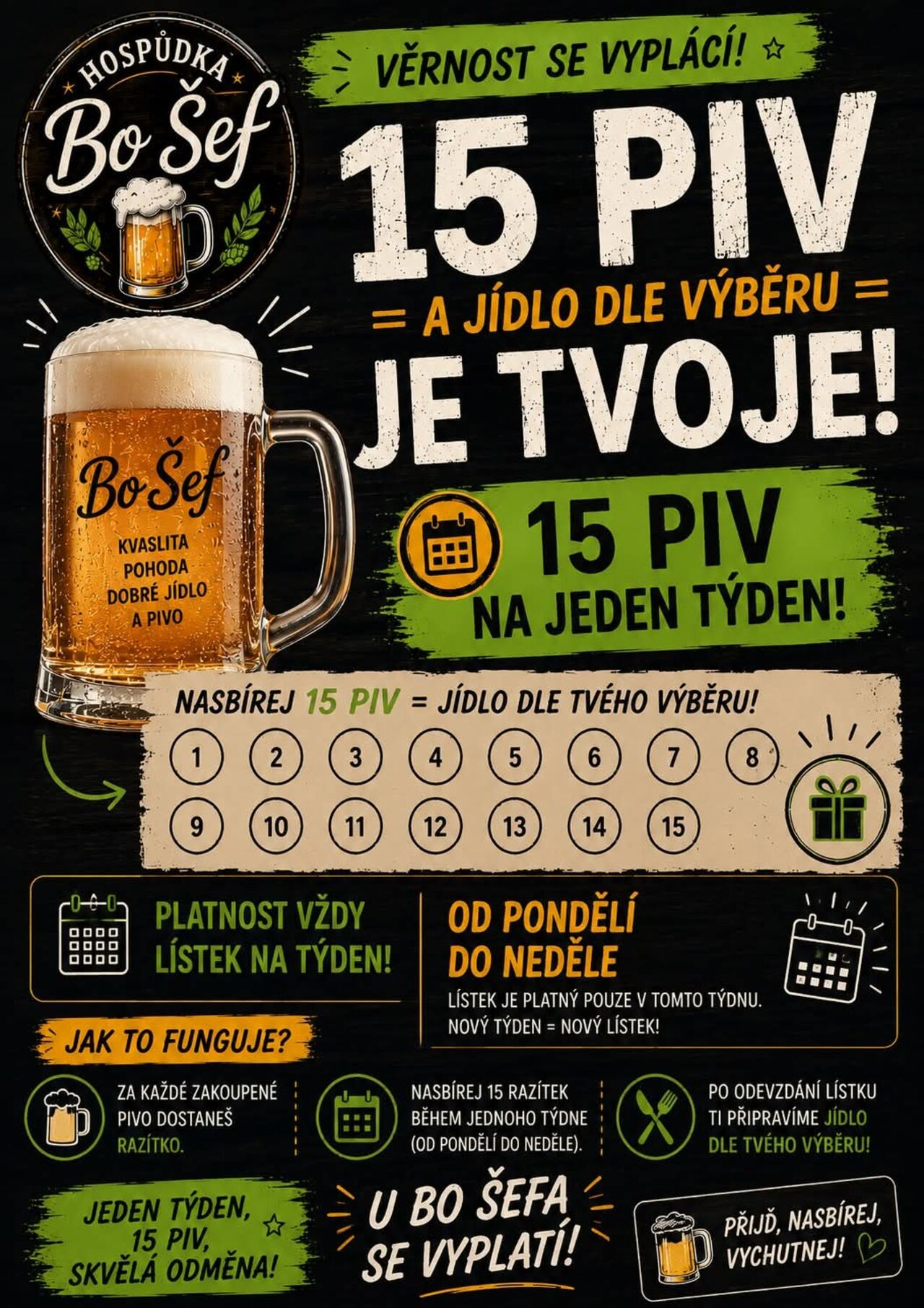 Vypij 15 piv a máš jedno jídlo dle vlastního výběru od nás zdarma.