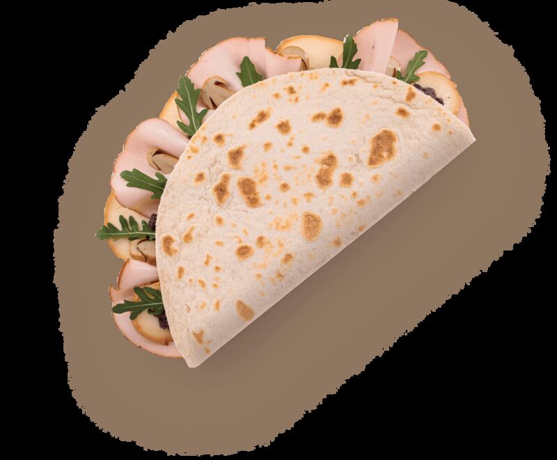 Geräucherter Provola, Pute, Rucola und Champignons