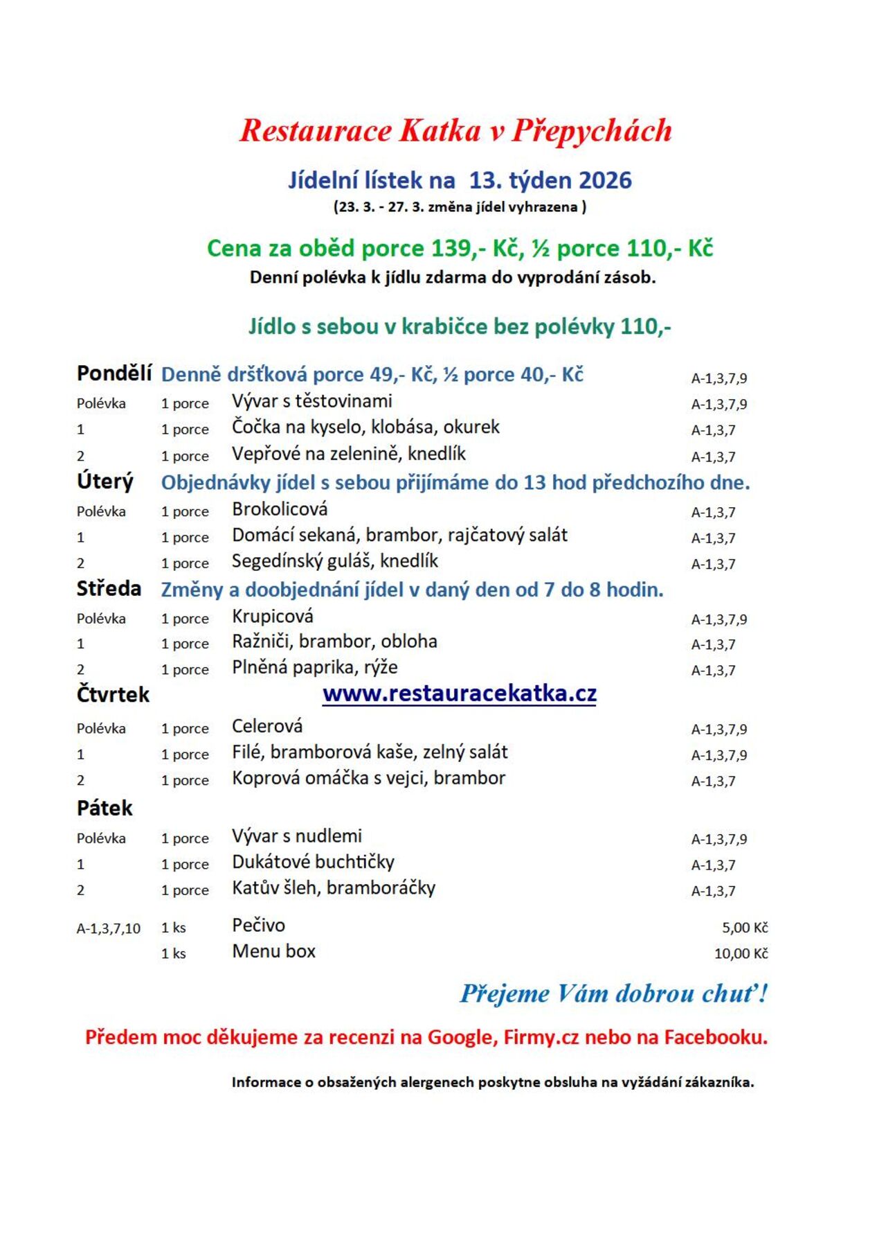 Jídelní lístek na 13. týden 2026