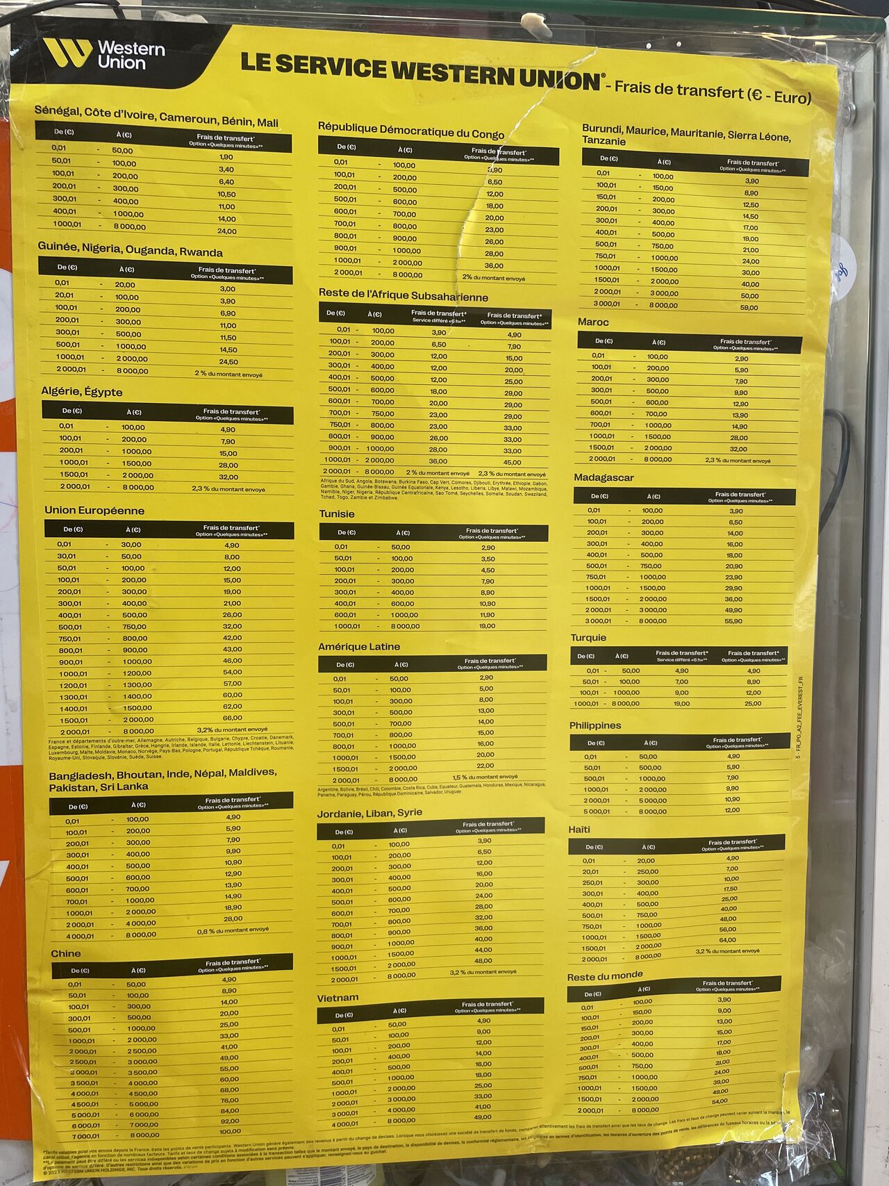 Grille tarifaire pour transfert western