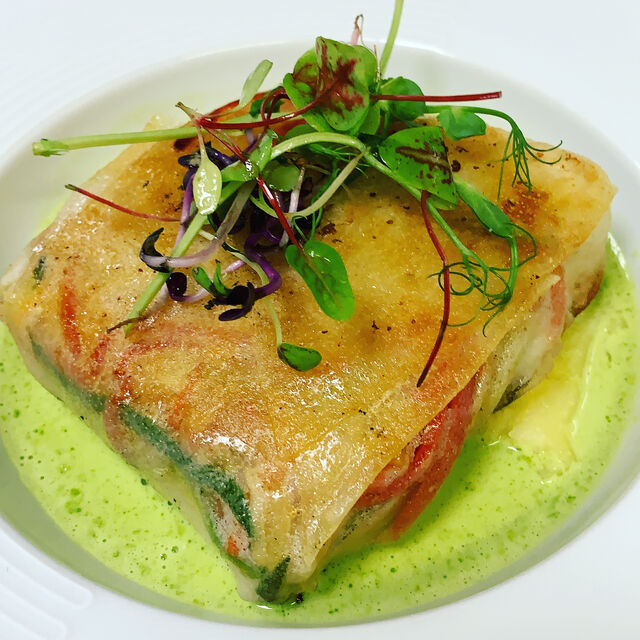 croustillant de cabillaud, sauce pesto