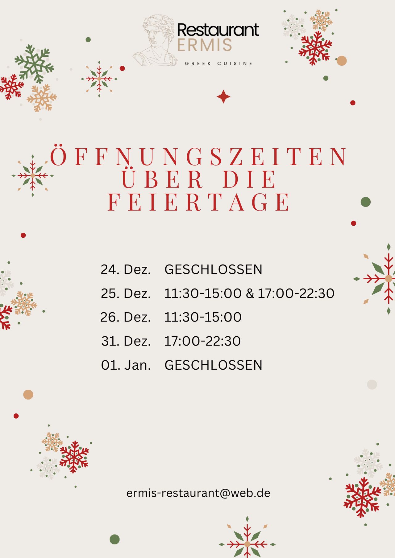 Öffnungszeiten über die Feiertage