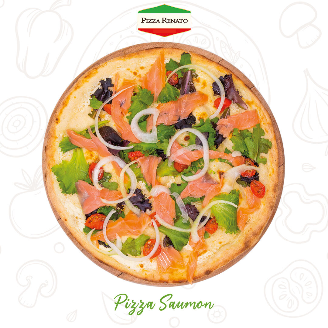 Crème fraîche, saumon, mesclun, tomates confites et oignons. 33 cm.