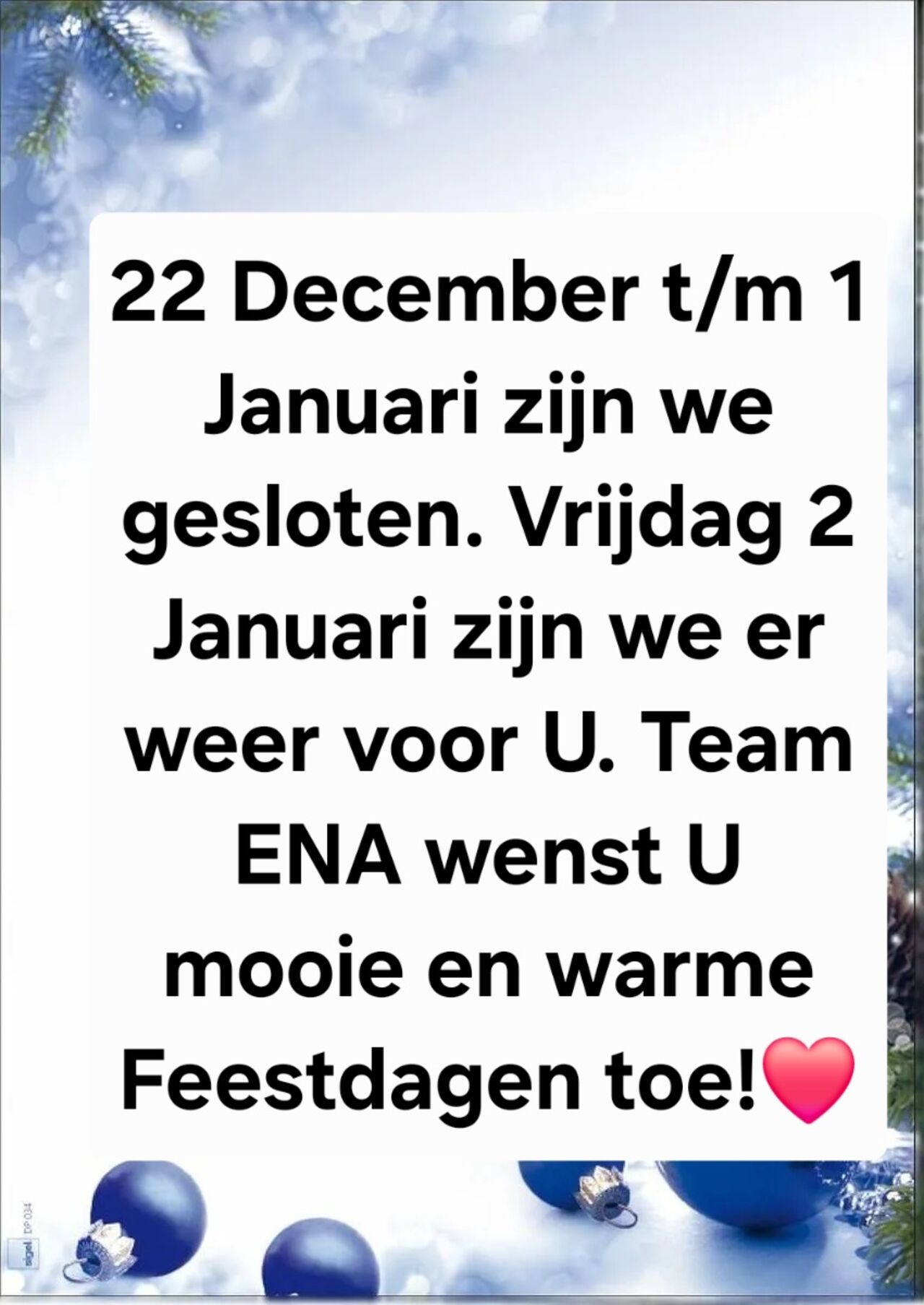 Gesloten ivm Feestdagen