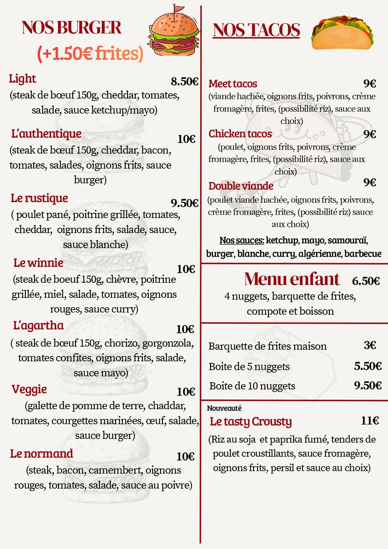 Carte des burgers / tacos !