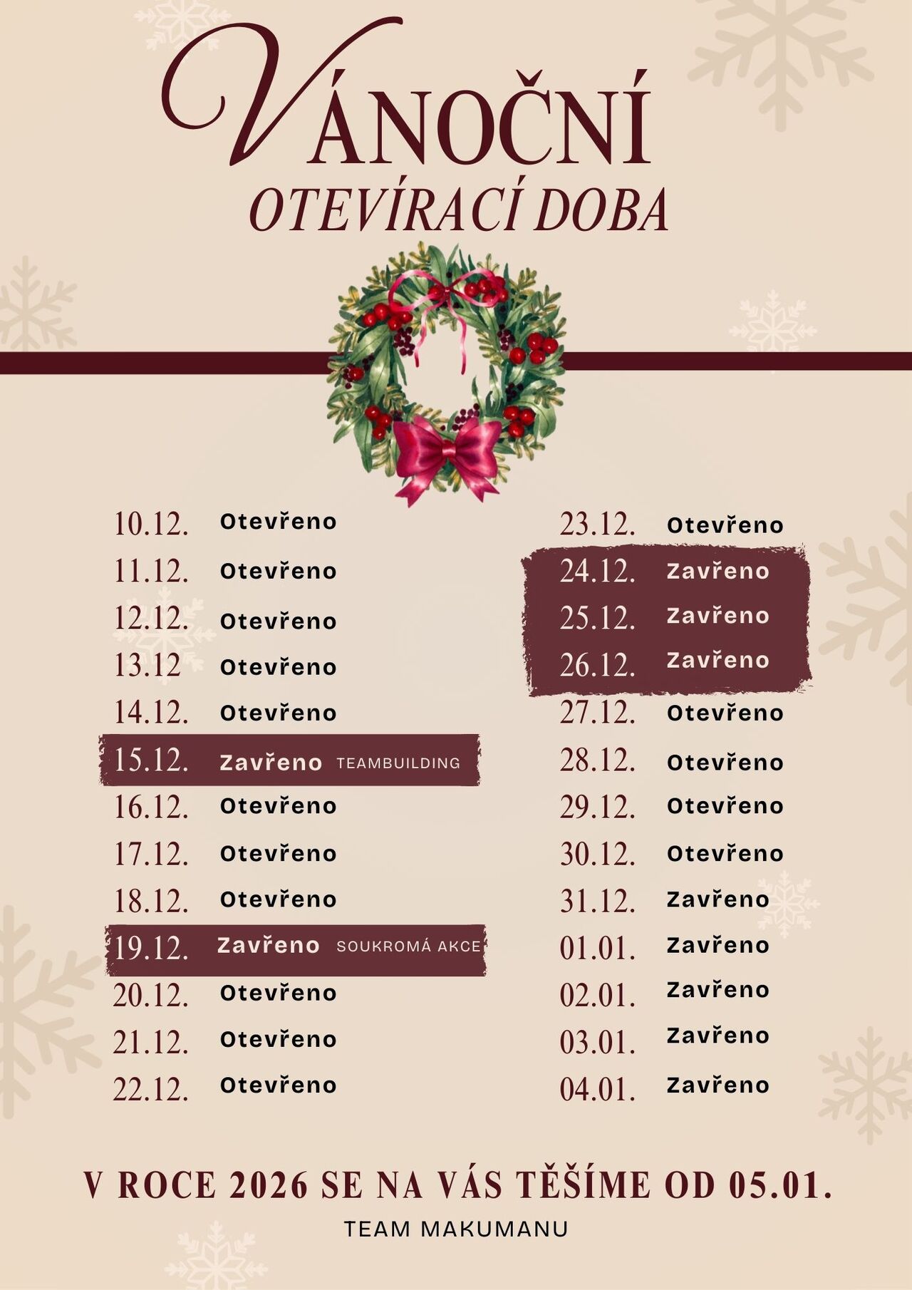 Vánoční otevírací doba