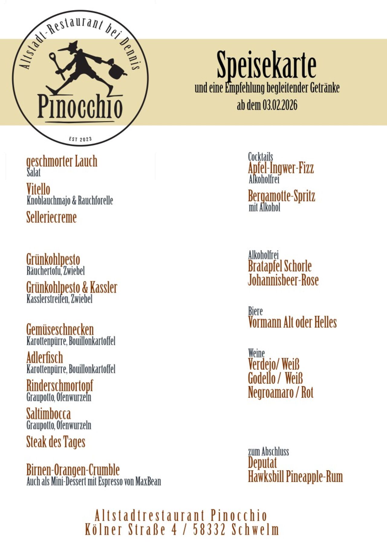 Unsere Speisekarte ab dem 03.02.2026